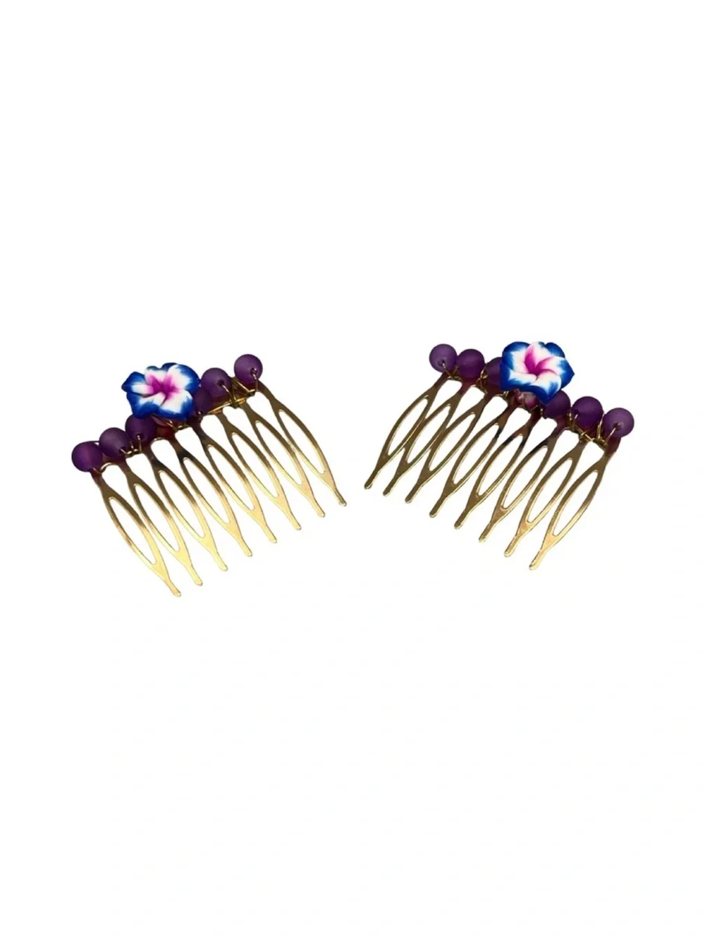 Gold Hair Comb Pair Purple Beads and Blue-Pink FINAL PRICE DROP